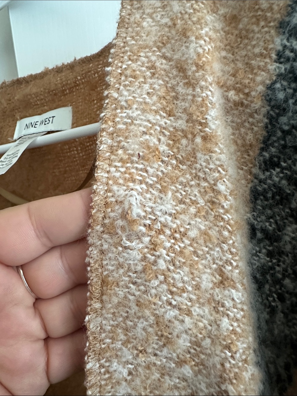 Nine West Tan, Cream & Gray Plaid Open-Front Poncho with Fringe - Picture 3 of 4